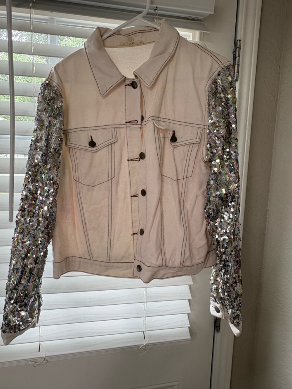 Le Lis Cream Jean Jacket with Sequin Silver Sleeves
